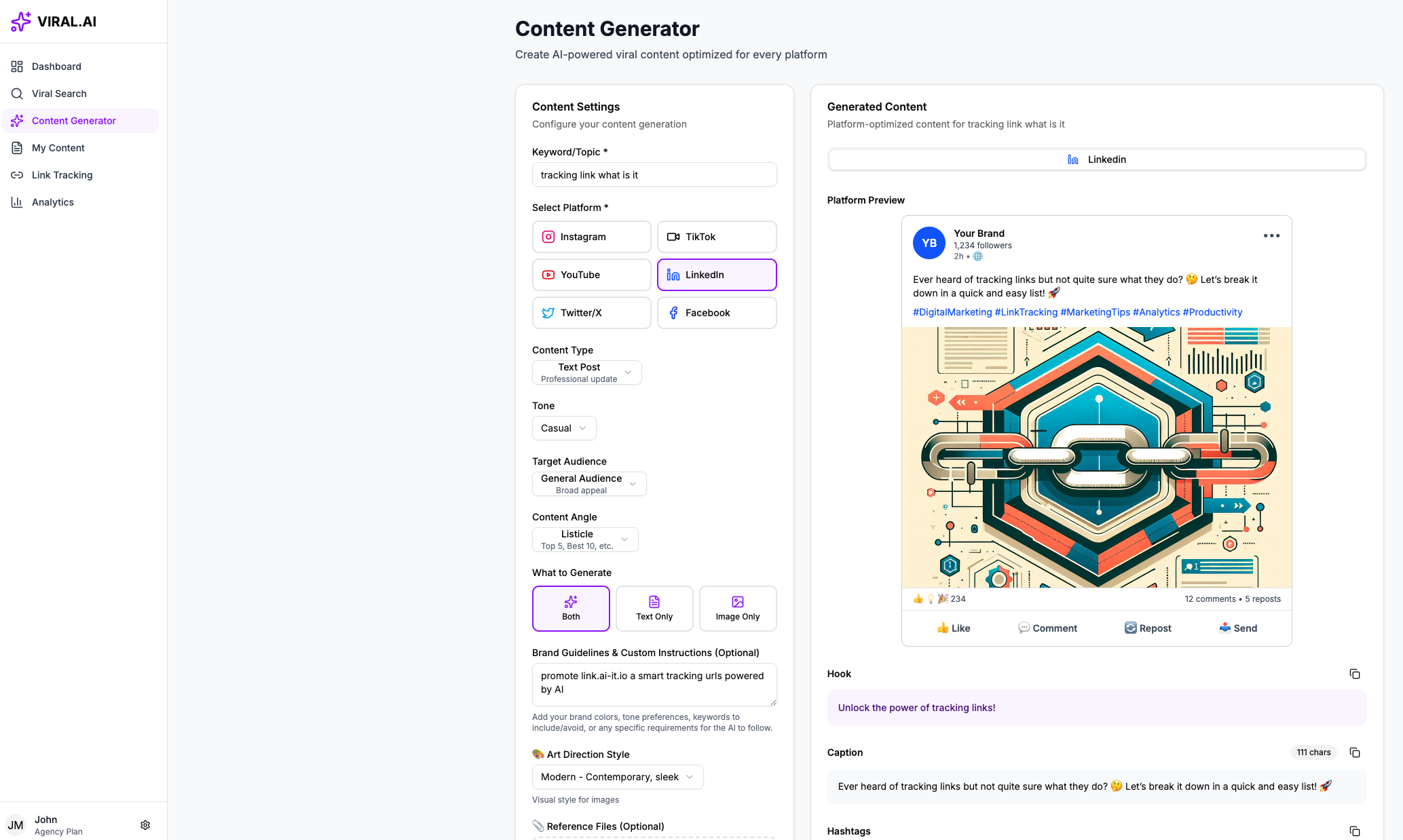 Screenshot of the viral.ai-it.io content creation platform